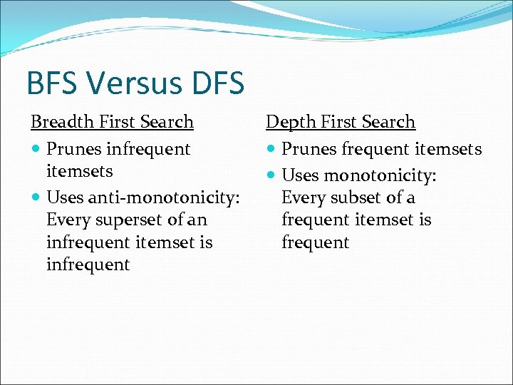 BFS Versus DFS Breadth First Search Prunes infrequent itemsets Uses anti-monotonicity: Every superset of