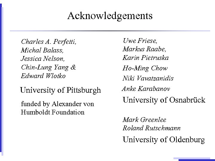 Acknowledgements Charles A. Perfetti, Michal Balass, Jessica Nelson, Chin-Lung Yang & Edward Wlotko University