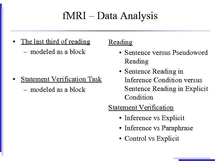 f. MRI – Data Analysis • The last third of reading – modeled as