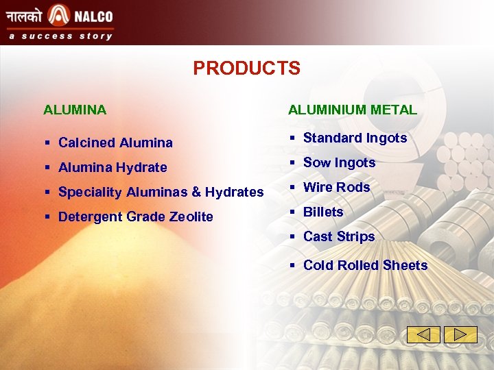 PRODUCTS ALUMINA ALUMINIUM METAL § Calcined Alumina § Standard Ingots § Alumina Hydrate §