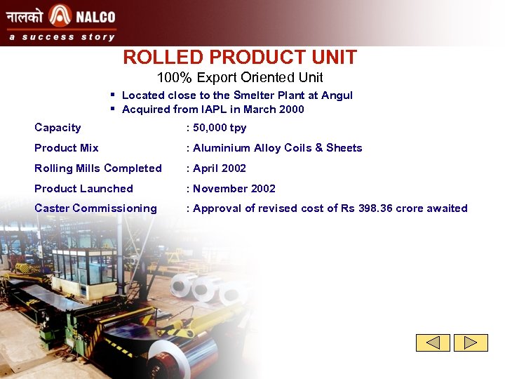 ROLLED PRODUCT UNIT 100% Export Oriented Unit § Located close to the Smelter Plant