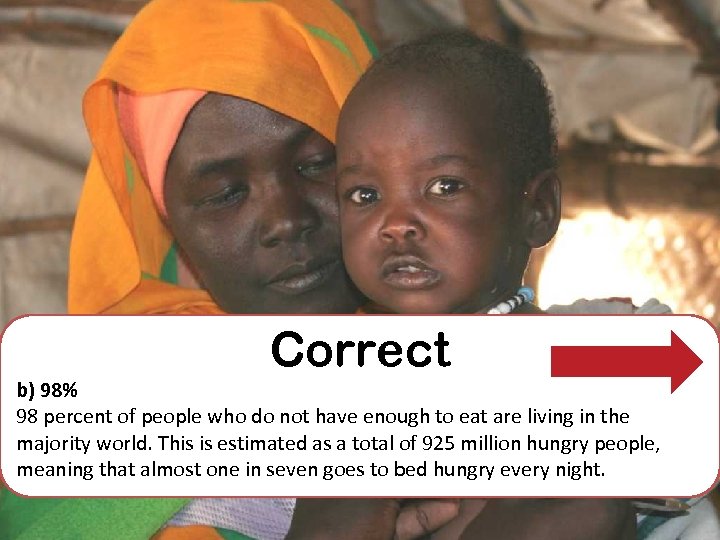 Correct b) 98% 98 percent of people who do not have enough to eat