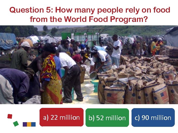 Question 5: How many people rely on food from the World Food Program? a)