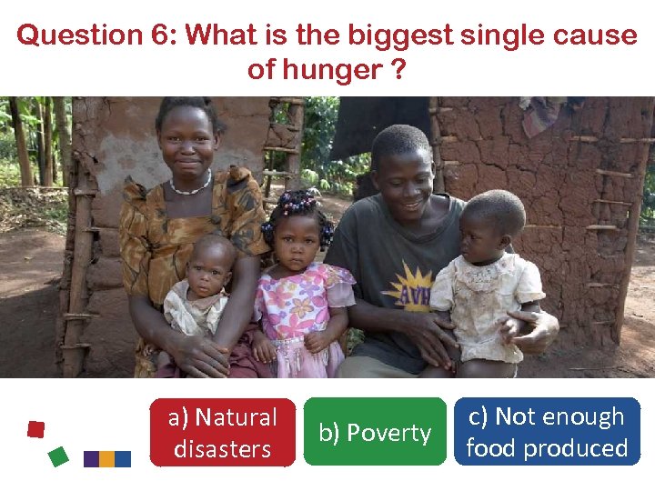Question 6: What is the biggest single cause of hunger ? a) Natural disasters