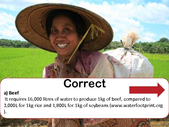 Correct a) Beef It requires 16, 000 litres of water to produce 1 kg