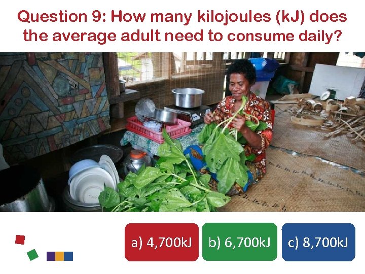 Question 9: How many kilojoules (k. J) does the average adult need to consume