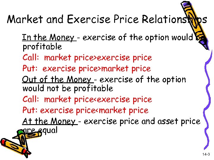 Market and Exercise Price Relationships In the Money - exercise of the option would