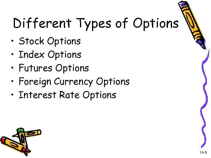 Different Types of Options • • • Stock Options Index Options Futures Options Foreign