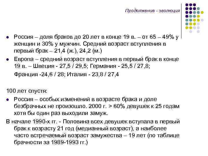 Продолжение - эволюция Россия – доля браков до 20 лет в конце 19 в.