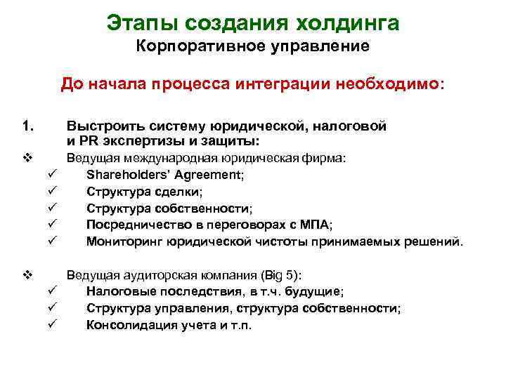 Этапы создания холдинга Корпоративное управление До начала процесса интеграции необходимо: 1. Выстроить систему юридической,