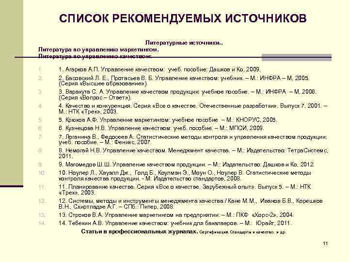 СПИСОК РЕКОМЕНДУЕМЫХ ИСТОЧНИКОВ Литературные источники. . Литература по управлению маркетингом. Литература по управлению качеством: