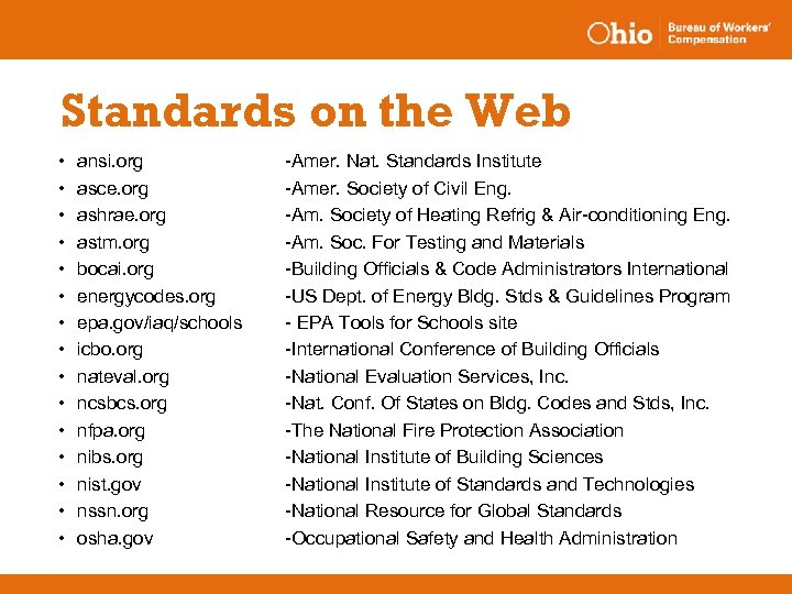 Standards on the Web • • • • ansi. org asce. org ashrae. org