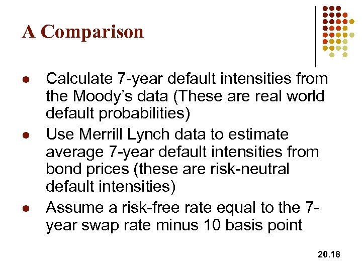 A Comparison l l l Calculate 7 -year default intensities from the Moody’s data