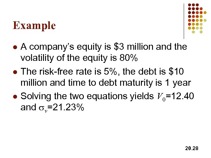 Example l l l A company’s equity is $3 million and the volatility of