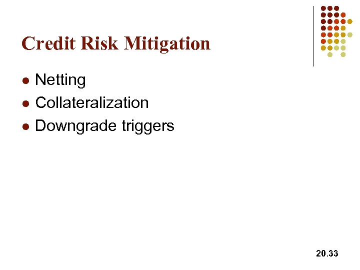 Credit Risk Mitigation l l l Netting Collateralization Downgrade triggers 20. 33 