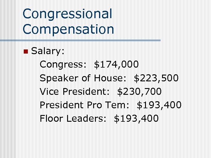 Congressional Compensation n Salary: Congress: $174, 000 Speaker of House: $223, 500 Vice President: