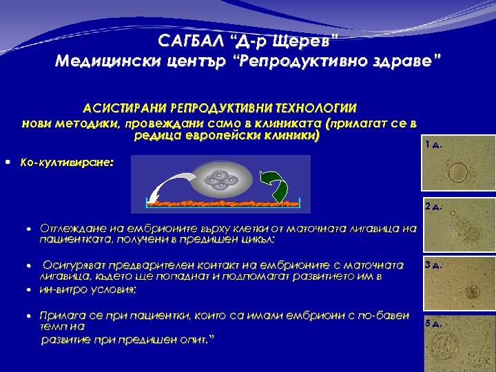 САГБАЛ “Д-р Щерев” Медицински център “Репродуктивно здраве” АСИСТИРАНИ РЕПРОДУКТИВНИ ТЕХНОЛОГИИ нови методики, провеждани само