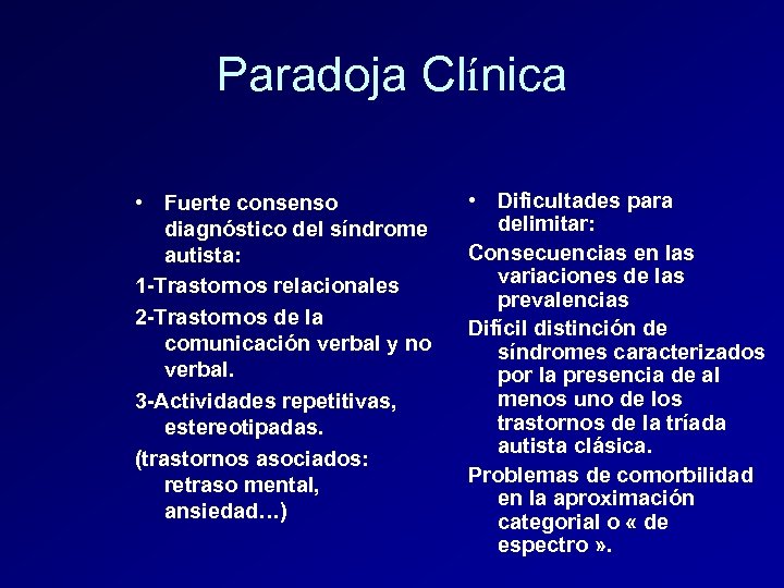 Paradoja Clínica • Fuerte consenso diagnóstico del síndrome autista: 1 -Trastornos relacionales 2 -Trastornos