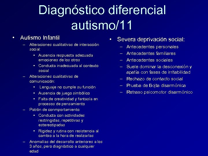 Diagnóstico diferencial autismo/11 • Autismo Infantil – Alteraciones cualitativas de interacción social: • Ausencia