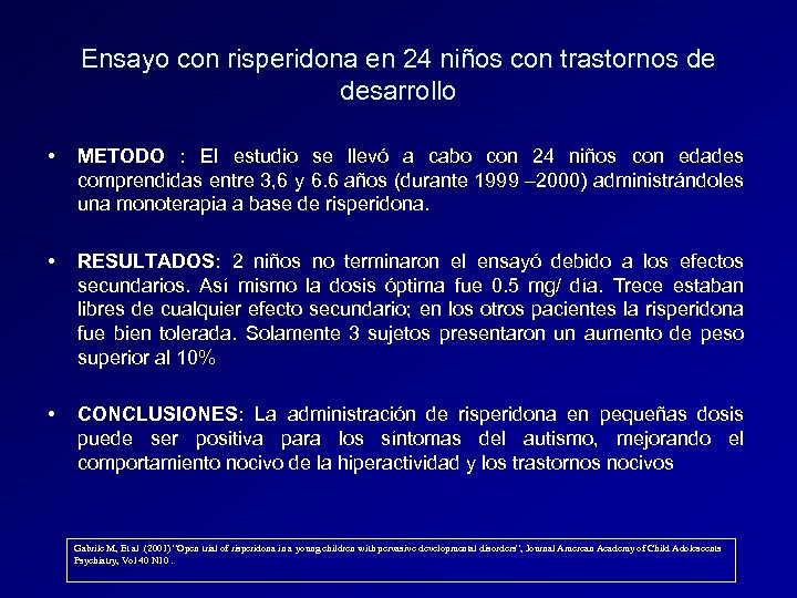 Ensayo con risperidona en 24 niños con trastornos de desarrollo • METODO : El