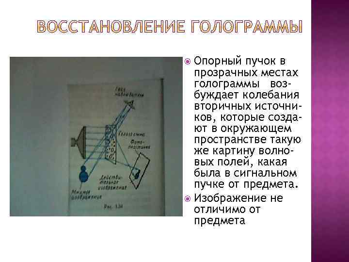 Опорный пучок в прозрачных местах голограммы возбуждает колебания вторичных источников, которые создают в окружающем