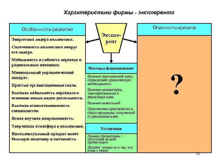 Характеристики фирмы - эксплерента Особенности развития Энергетика лидера коллектива. Опасность кризиса Эксплерент Сплоченность коллектива
