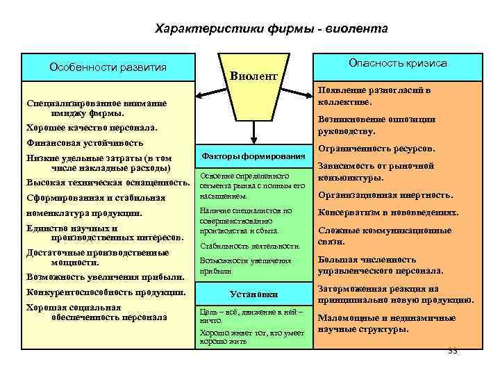 Характеристики фирмы - виолента Особенности развития Виолент Появление разногласий в коллективе. Специализированное внимание имиджу
