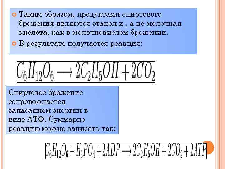 Таким образом, продуктами спиртового брожения являются этанол и , а не молочная кислота, как