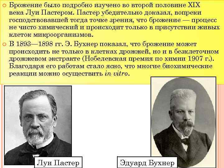  Брожение было подробно изучено во второй половине XIX века Луи Пастером. Пастер убедительно