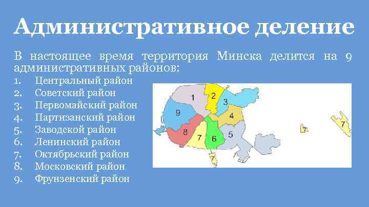 Административное деление В настоящее время территория Минска делится на 9 административных районов: 1. 2.