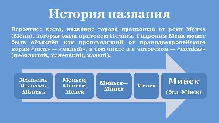 История названия Вероятнее всего, название города произошло от реки Менка (Меня), которая была притоком