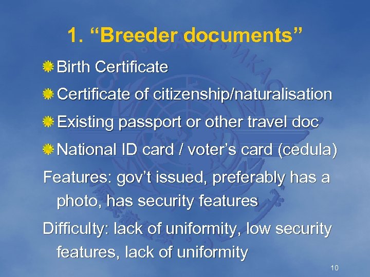 1. “Breeder documents” Birth Certificate of citizenship/naturalisation Existing passport or other travel doc National