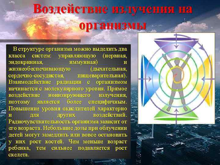 Воздействие излучения на организмы В структуре организма можно выделить два класса систем: управляющую (нервная,