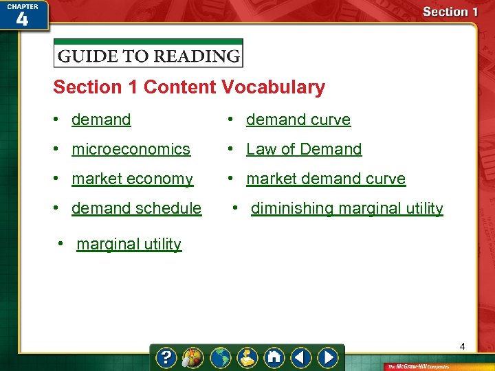 Section 1 Content Vocabulary • demand curve • microeconomics • Law of Demand •