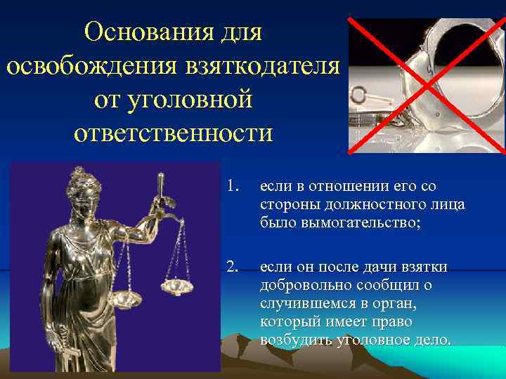 Основания для освобождения взяткодателя от уголовной ответственности 1. если в отношении его со стороны