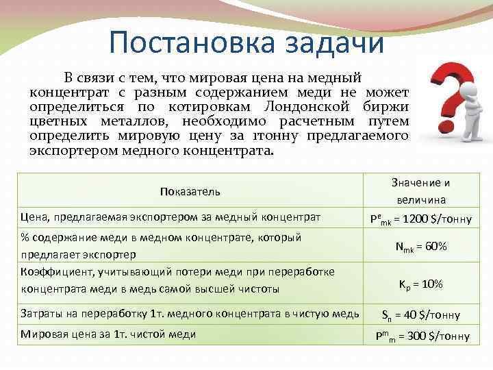 Постановка задачи В связи с тем, что мировая цена на медный концентрат с разным