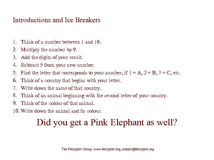 Introductions and Ice Breakers 1. Think of a number between 1 and 10. 2.