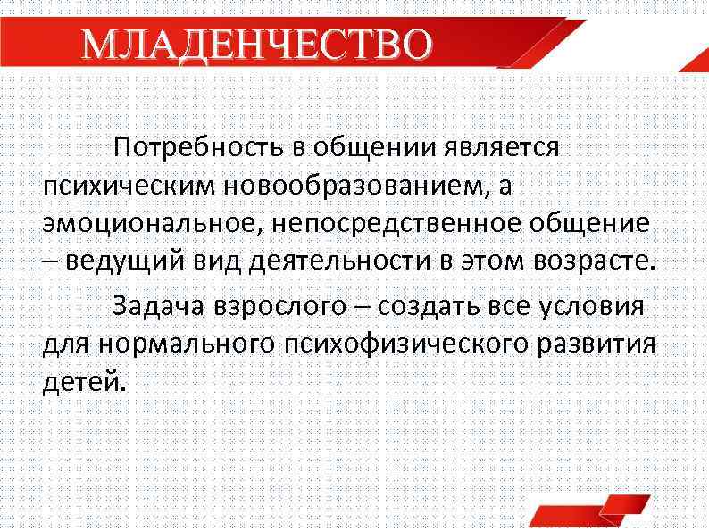 МЛАДЕНЧЕСТВО Потребность в общении является психическим новообразованием, а эмоциональное, непосредственное общение – ведущий вид