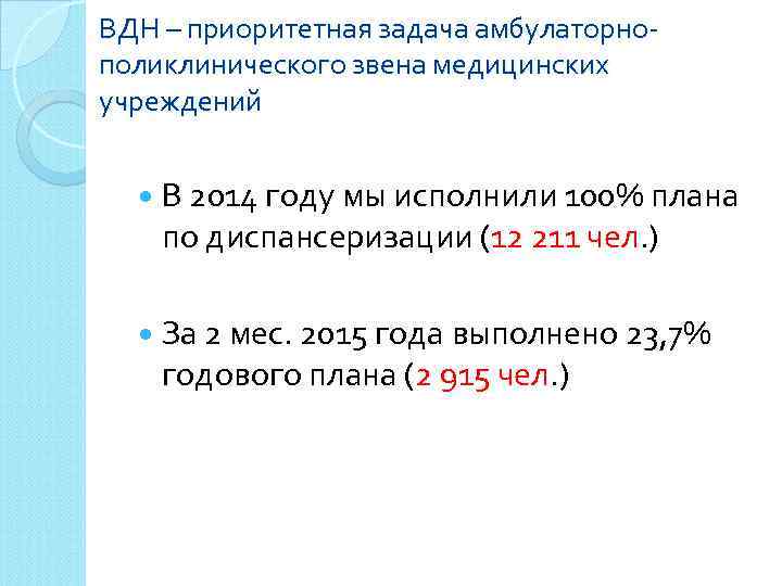 ВДН – приоритетная задача амбулаторнополиклинического звена медицинских учреждений В 2014 году мы исполнили 100%