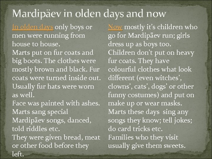 Mardipäev in olden days and now In olden days only boys or men were
