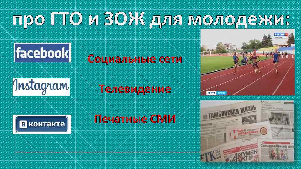 про ГТО и ЗОЖ для молодежи: Социальные сети Телевидение Печатные СМИ 