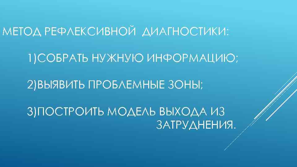 МЕТОД РЕФЛЕКСИВНОЙ ДИАГНОСТИКИ: 1)СОБРАТЬ НУЖНУЮ ИНФОРМАЦИЮ; 2)ВЫЯВИТЬ ПРОБЛЕМНЫЕ ЗОНЫ; 3)ПОСТРОИТЬ МОДЕЛЬ ВЫХОДА ИЗ ЗАТРУДНЕНИЯ.