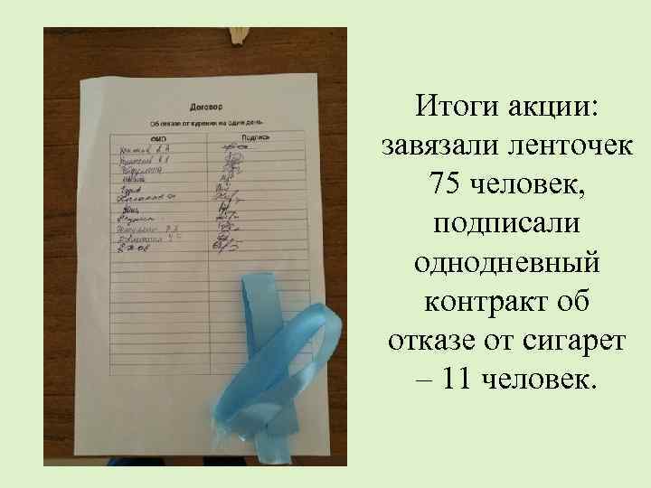 Итоги акции: завязали ленточек 75 человек, подписали однодневный контракт об отказе от сигарет –