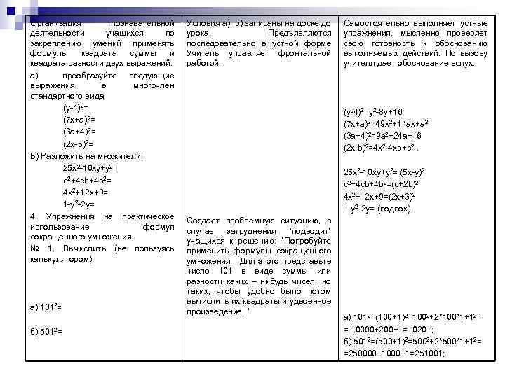 Организация познавательной деятельности учащихся по закреплению умений применять формулы квадрата суммы и квадрата разности