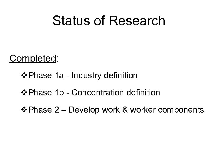 Status of Research Completed: v. Phase 1 a - Industry definition v. Phase 1