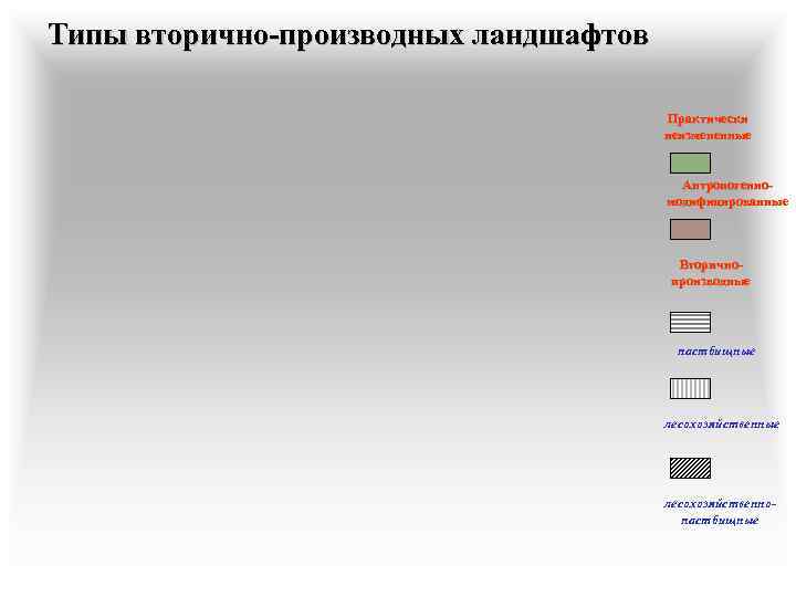 Типы вторично-производных ландшафтов Практически неизмененные Антропогенномодифицированные Вторичнопроизводные пастбищные лесохозяйственнопастбищные 