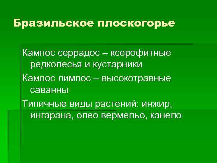 Бразильское плоскогорье Кампос серрадос – ксерофитные редколесья и кустарники Кампос лимпос – высокотравные саванны