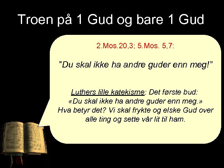 Troen på 1 Gud og bare 1 Gud 2. Mos. 20, 3; 5. Mos.