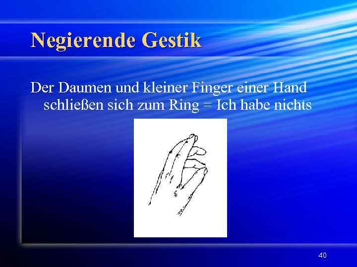 Negierende Gestik Der Daumen und kleiner Finger einer Hand schließen sich zum Ring =