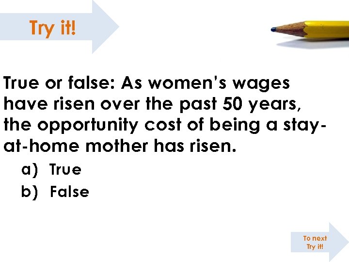 Try it! True or false: As women’s wages have risen over the past 50